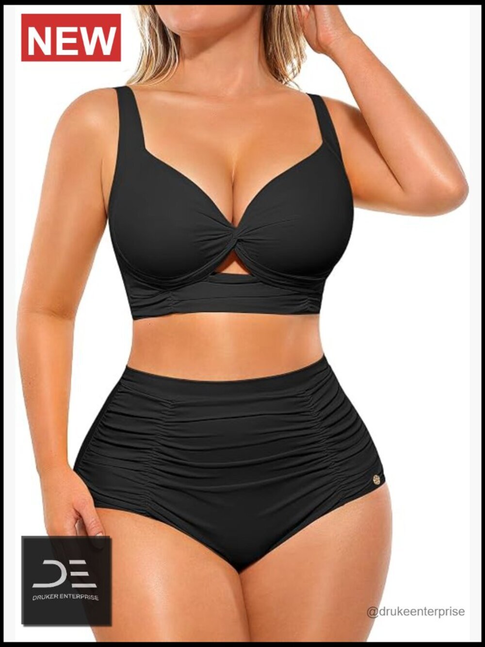 High Waisted Bikini Set Tummy Control Ruched Twist Front Push Up Swimwear Two